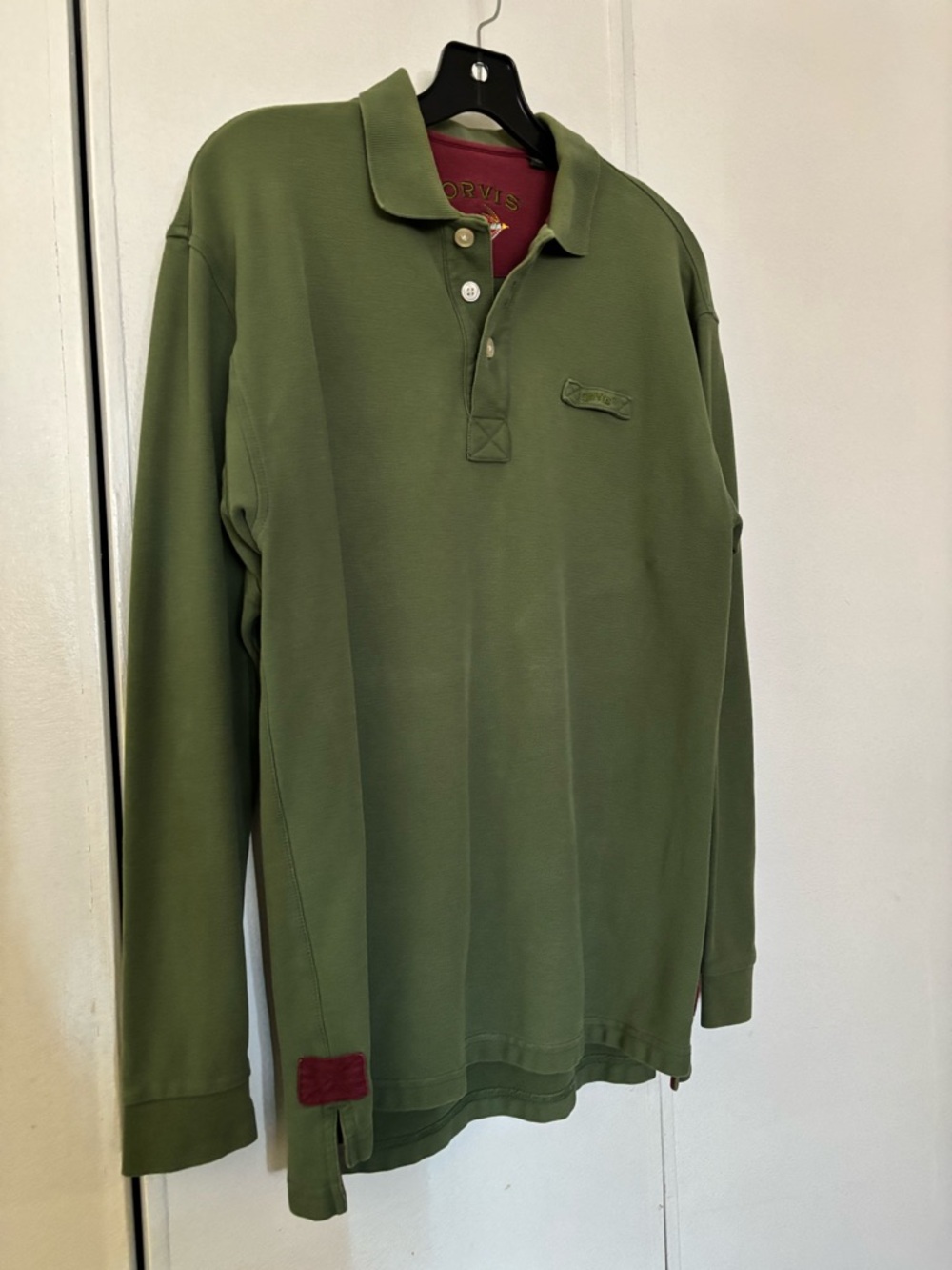 Orvis Olive Green Long Sleeve Polo with Red Trim Detail